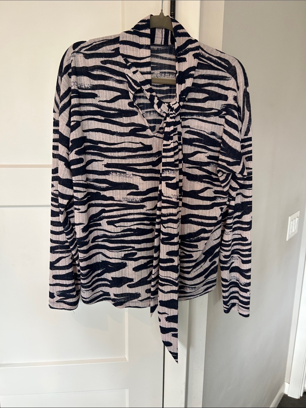 Nine West Striped Tie-Neck Blouse in Black and Light Pink